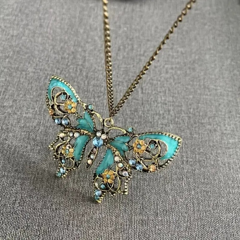 Boho Teal Butterfly Pendant Necklace Art Nouveau Enamel Rhinestone Cottagecore - Picture 6 of 12